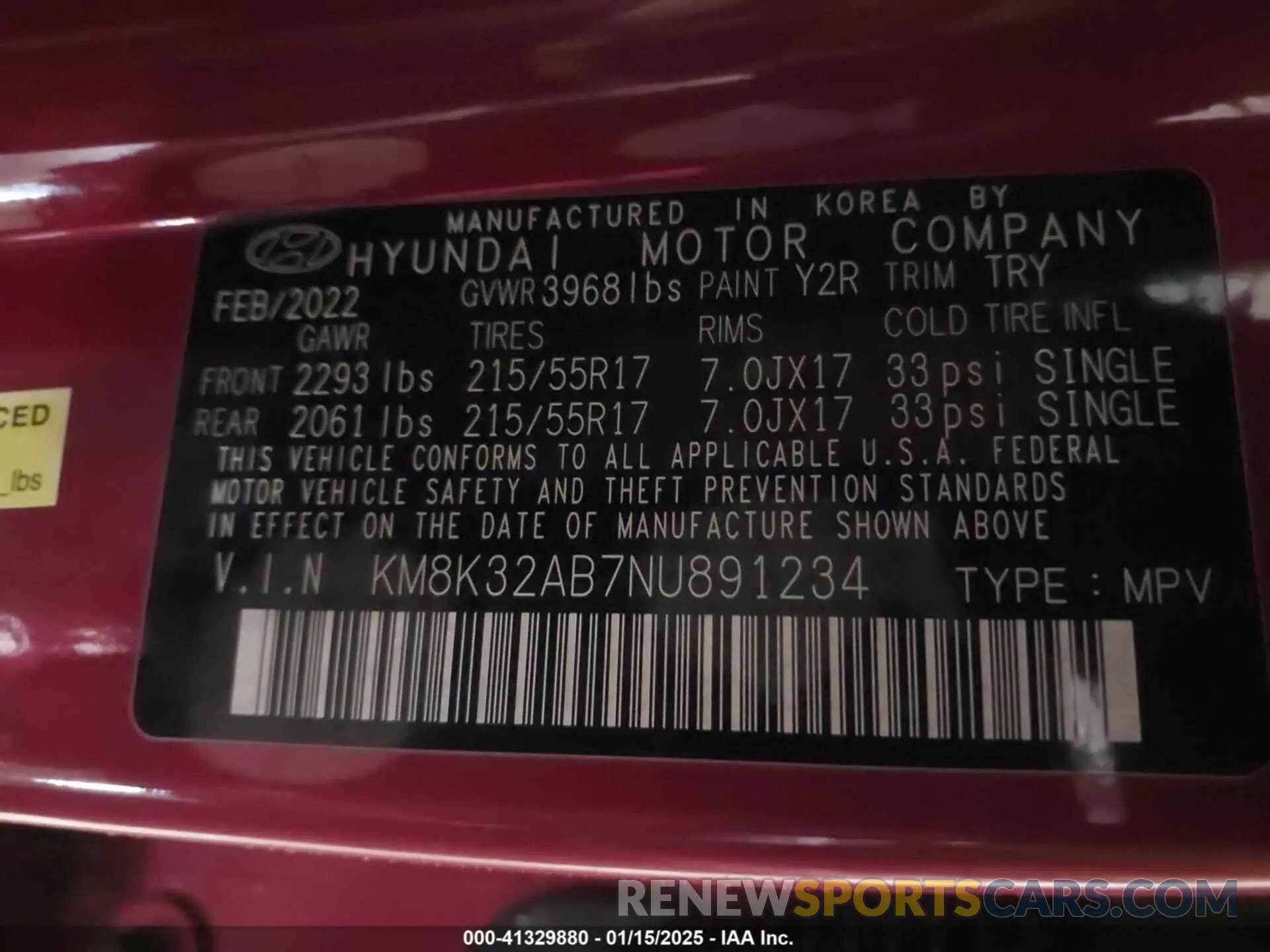 9 Photograph of a damaged car KM8K32AB7NU891234 HYUNDAI KONA 2022