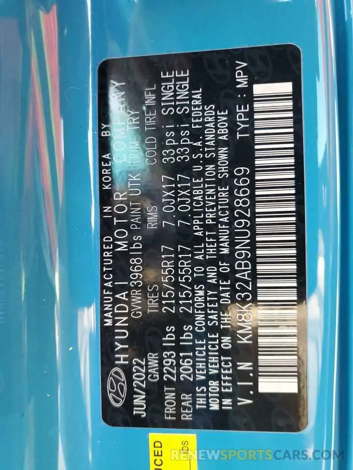 13 Photograph of a damaged car KM8K32AB9NU928669 HYUNDAI KONA 2022