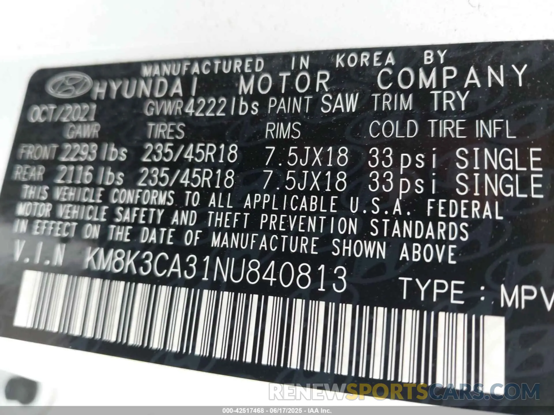 9 Photograph of a damaged car KM8K3CA31NU840813 HYUNDAI KONA 2022