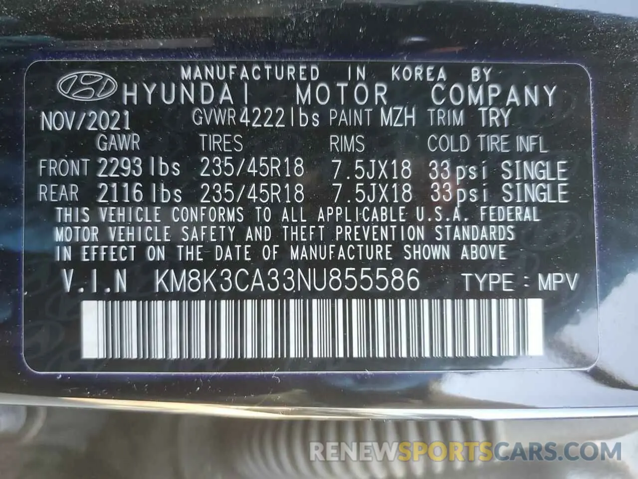 14 Photograph of a damaged car KM8K3CA33NU855586 HYUNDAI KONA 2022