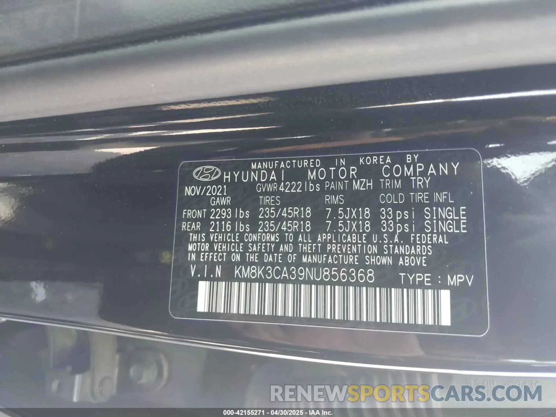 9 Photograph of a damaged car KM8K3CA39NU856368 HYUNDAI KONA 2022