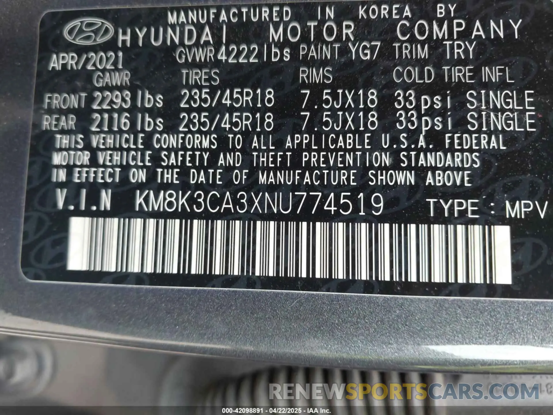 9 Photograph of a damaged car KM8K3CA3XNU774519 HYUNDAI KONA 2022