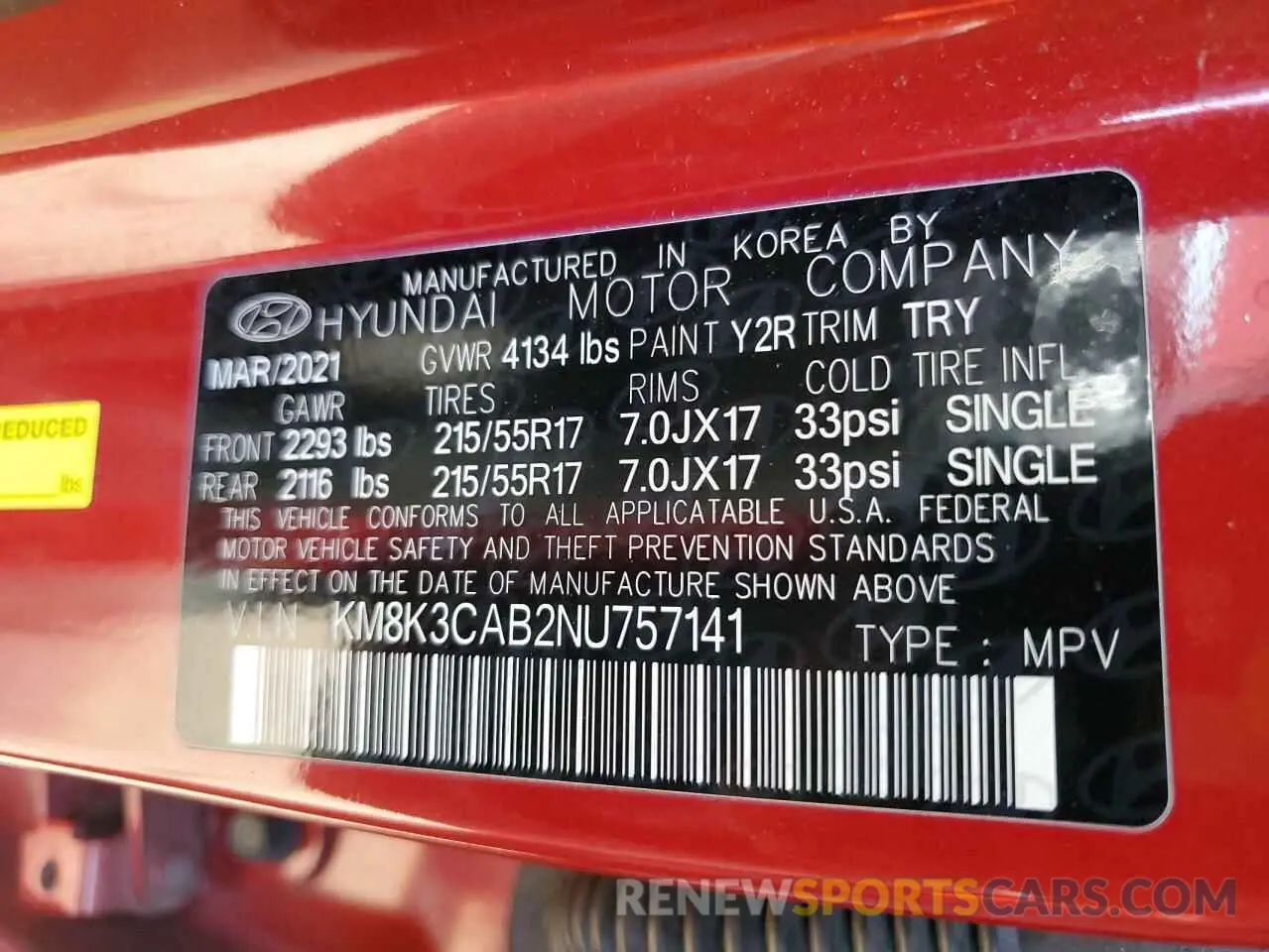 15 Photograph of a damaged car KM8K3CAB2NU757141 HYUNDAI KONA 2022