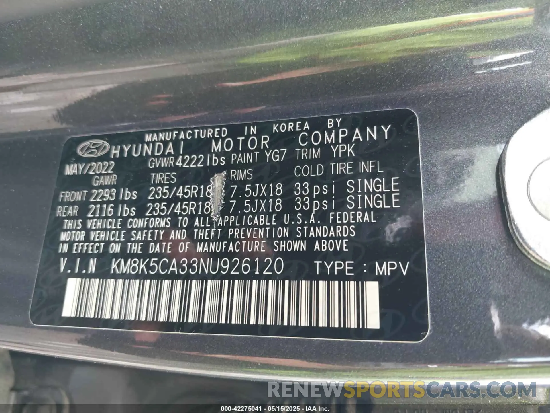 9 Photograph of a damaged car KM8K5CA33NU926120 HYUNDAI KONA 2022