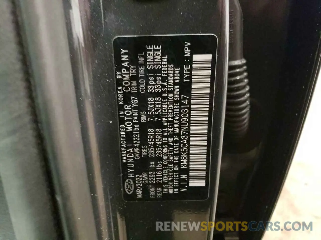 13 Photograph of a damaged car KM8K5CA37NU903147 HYUNDAI KONA 2022