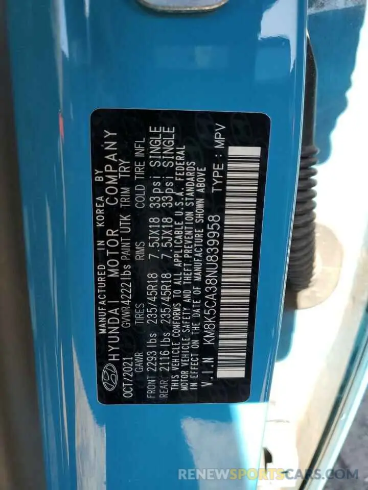 13 Photograph of a damaged car KM8K5CA38NU839958 HYUNDAI KONA 2022