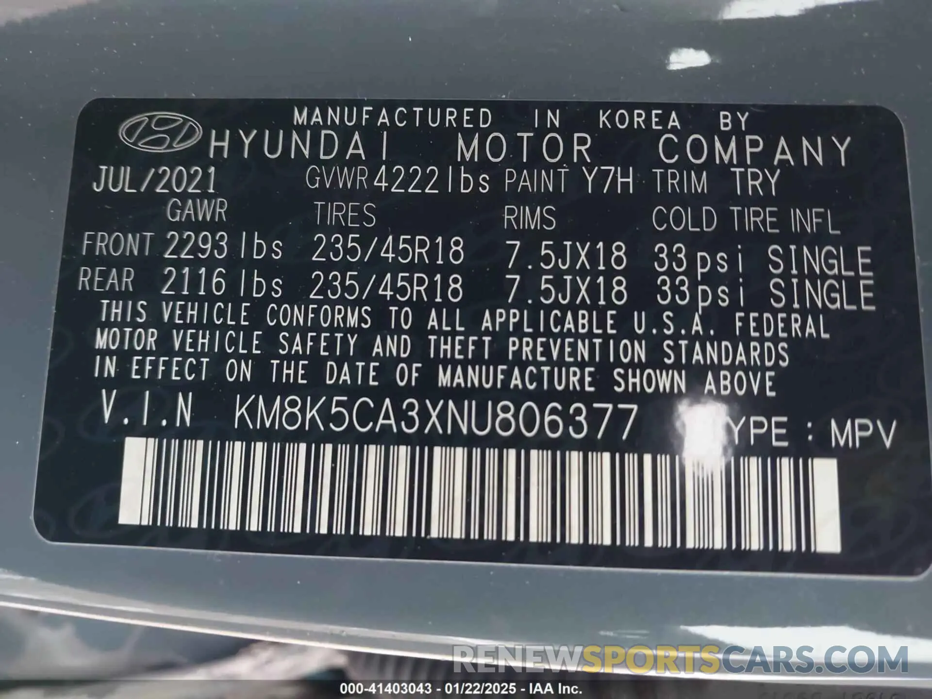9 Photograph of a damaged car KM8K5CA3XNU806377 HYUNDAI KONA 2022