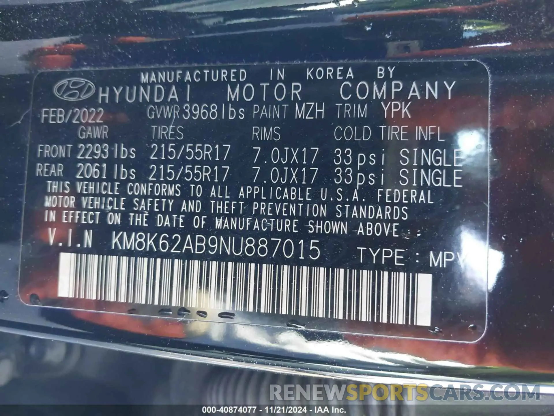 9 Photograph of a damaged car KM8K62AB9NU887015 HYUNDAI KONA 2022