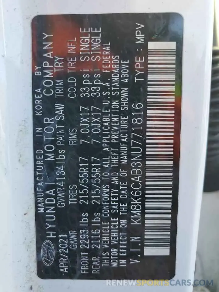 13 Photograph of a damaged car KM8K6CAB3NU771816 HYUNDAI KONA 2022