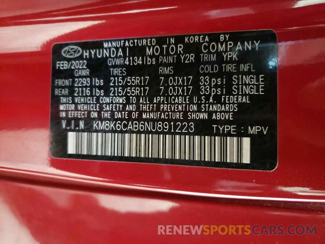 13 Photograph of a damaged car KM8K6CAB6NU891223 HYUNDAI KONA 2022