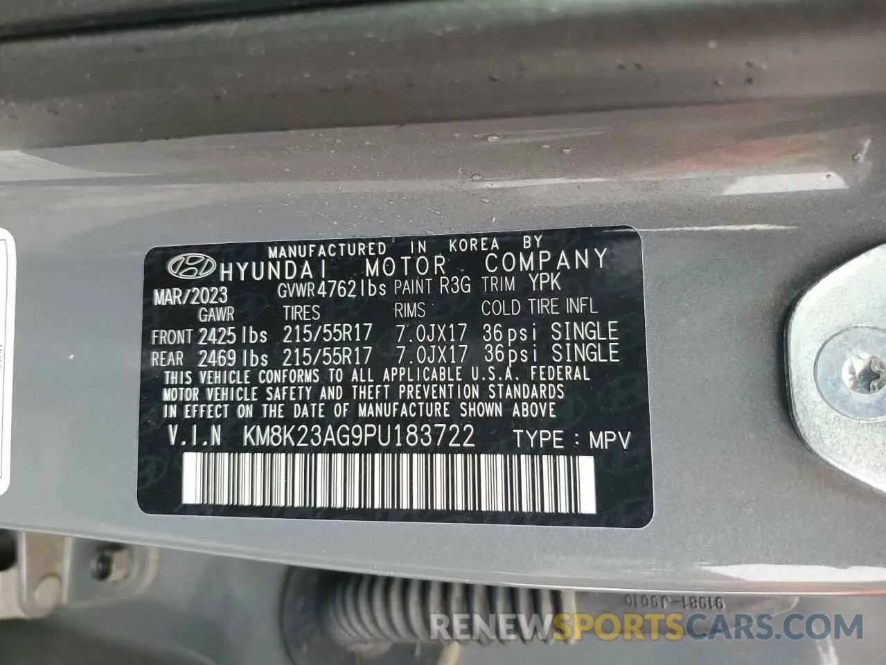 13 Photograph of a damaged car KM8K23AG9PU183722 HYUNDAI KONA 2023
