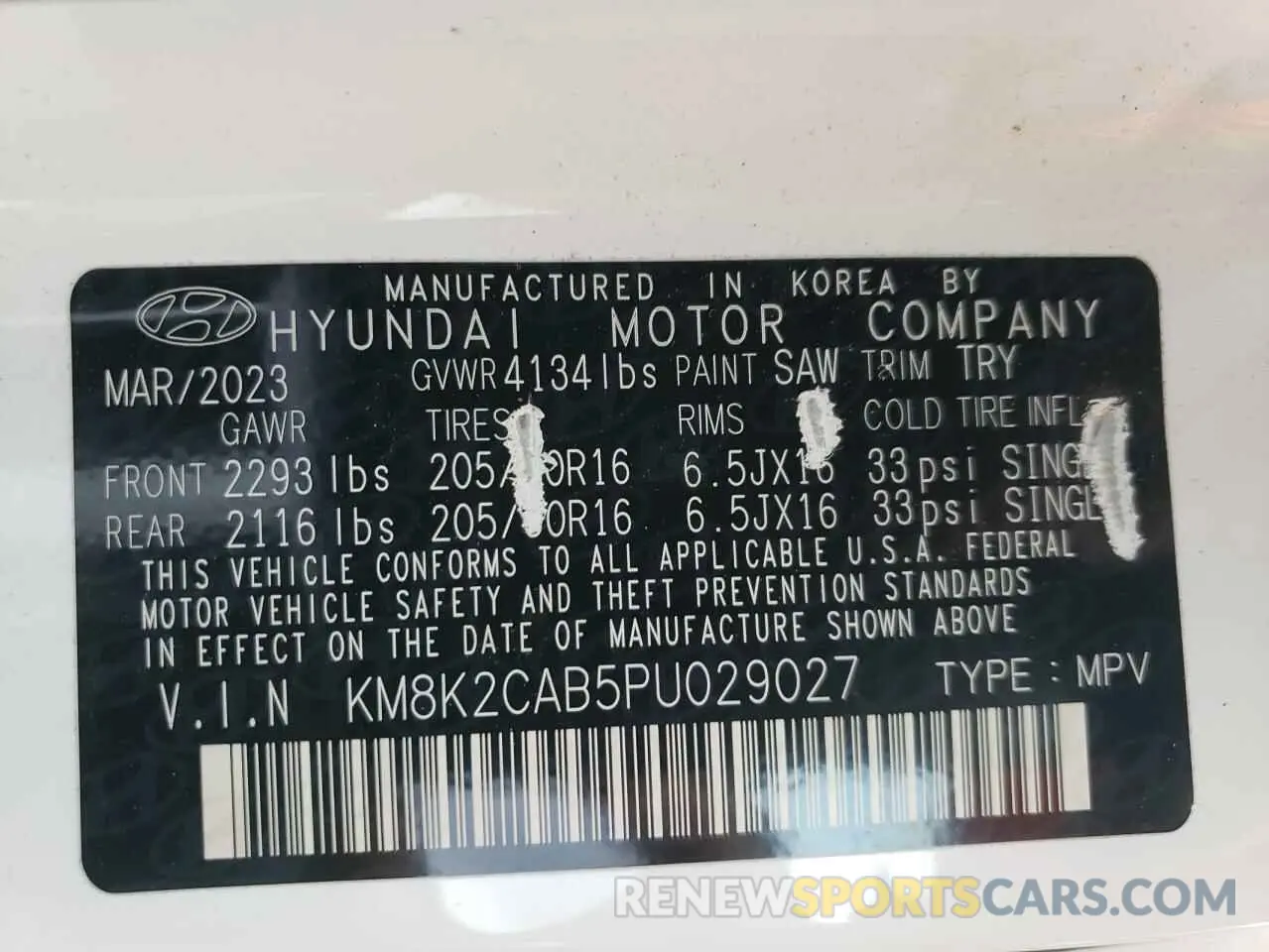 13 Photograph of a damaged car KM8K2CAB5PU029027 HYUNDAI KONA 2023