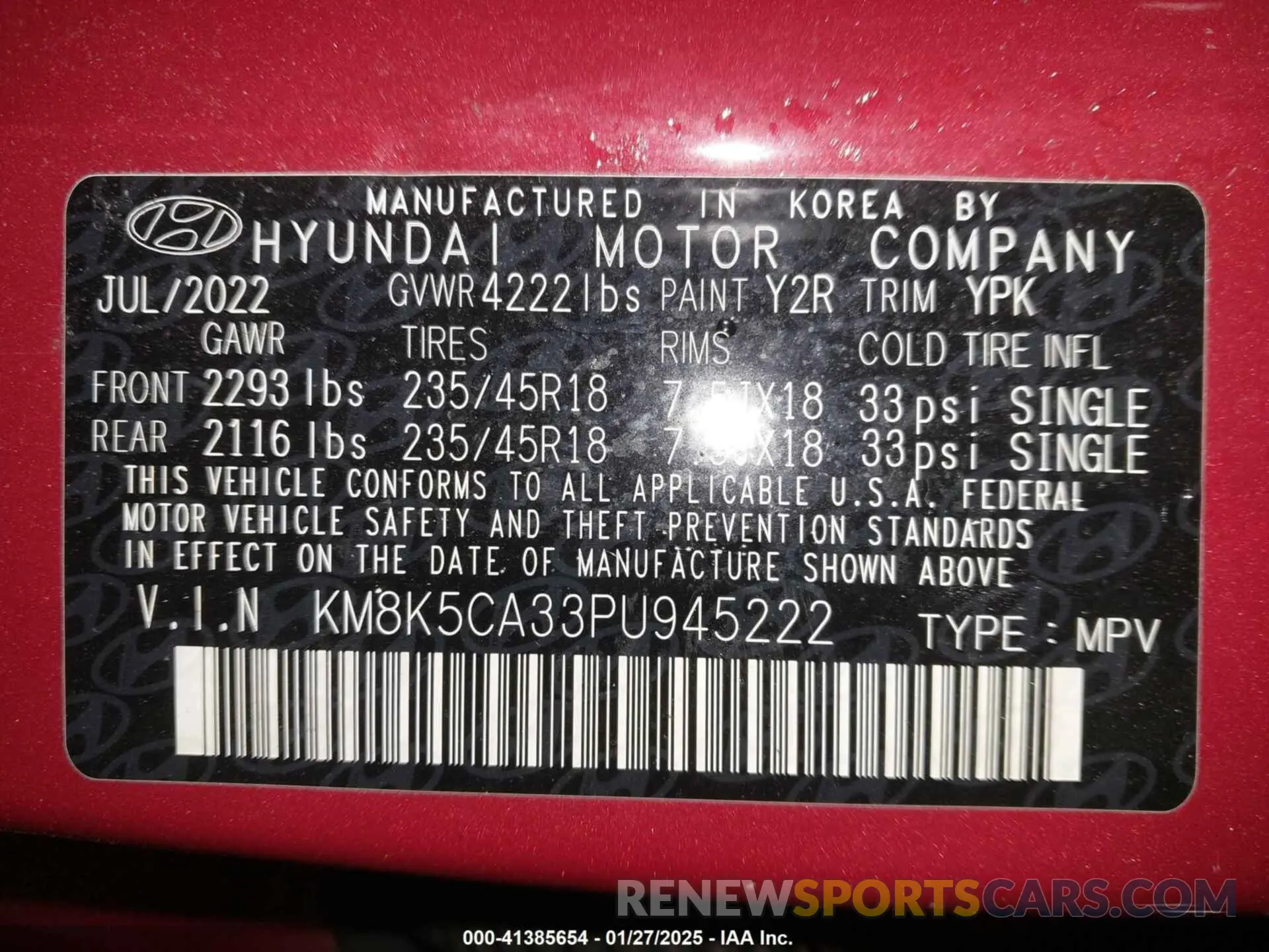 9 Photograph of a damaged car KM8K5CA33PU945222 HYUNDAI KONA 2023