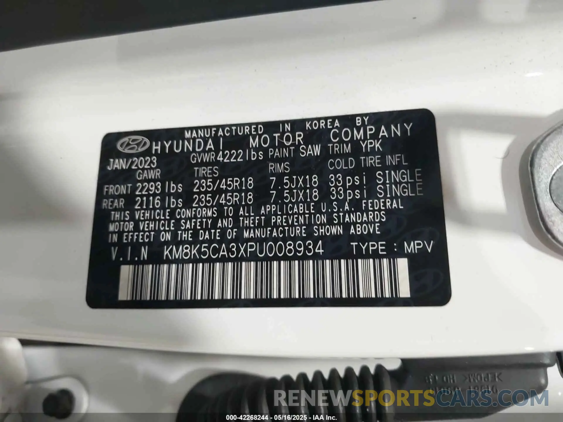 9 Photograph of a damaged car KM8K5CA3XPU008934 HYUNDAI KONA 2023