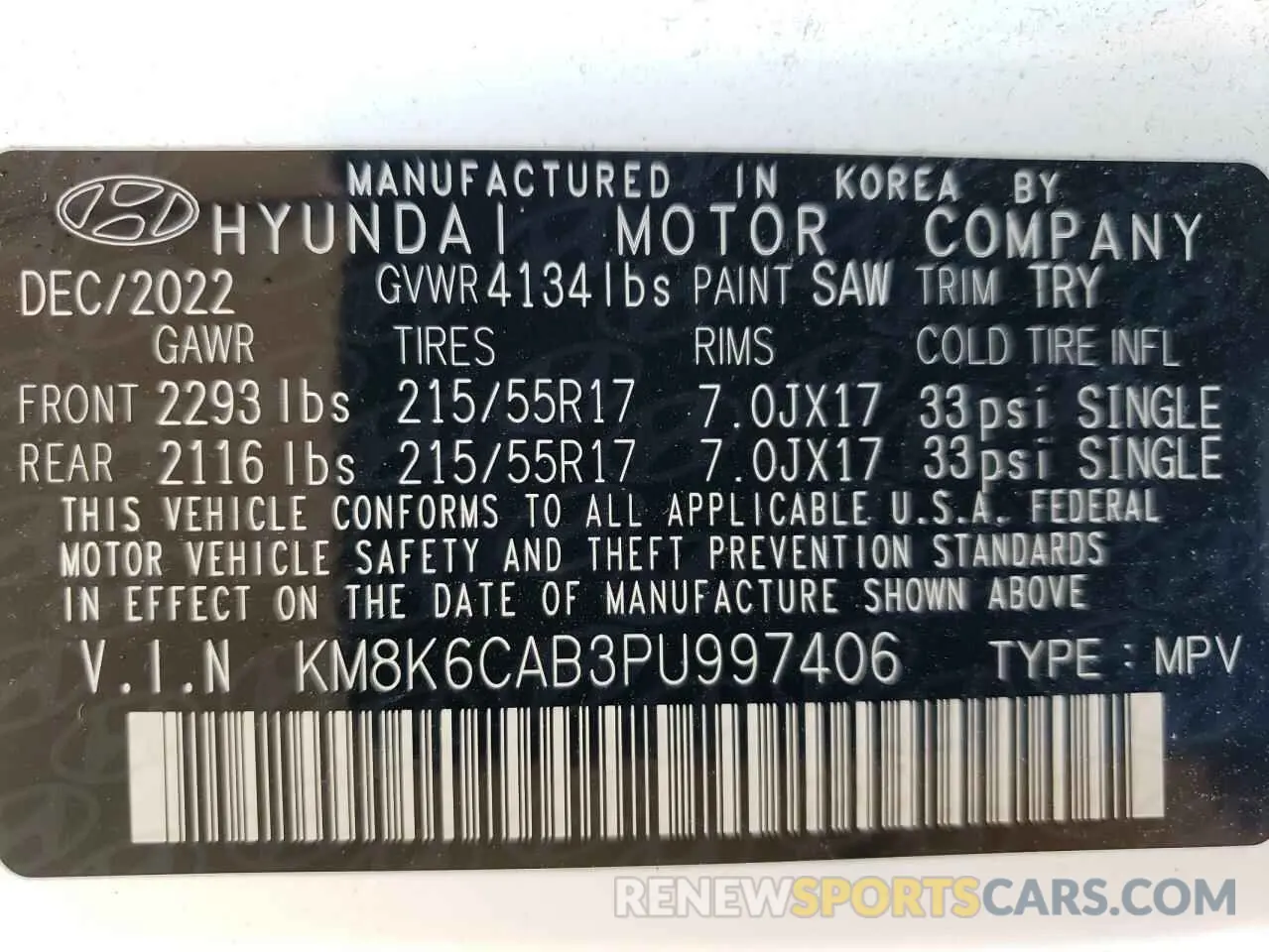 13 Photograph of a damaged car KM8K6CAB3PU997406 HYUNDAI KONA 2023