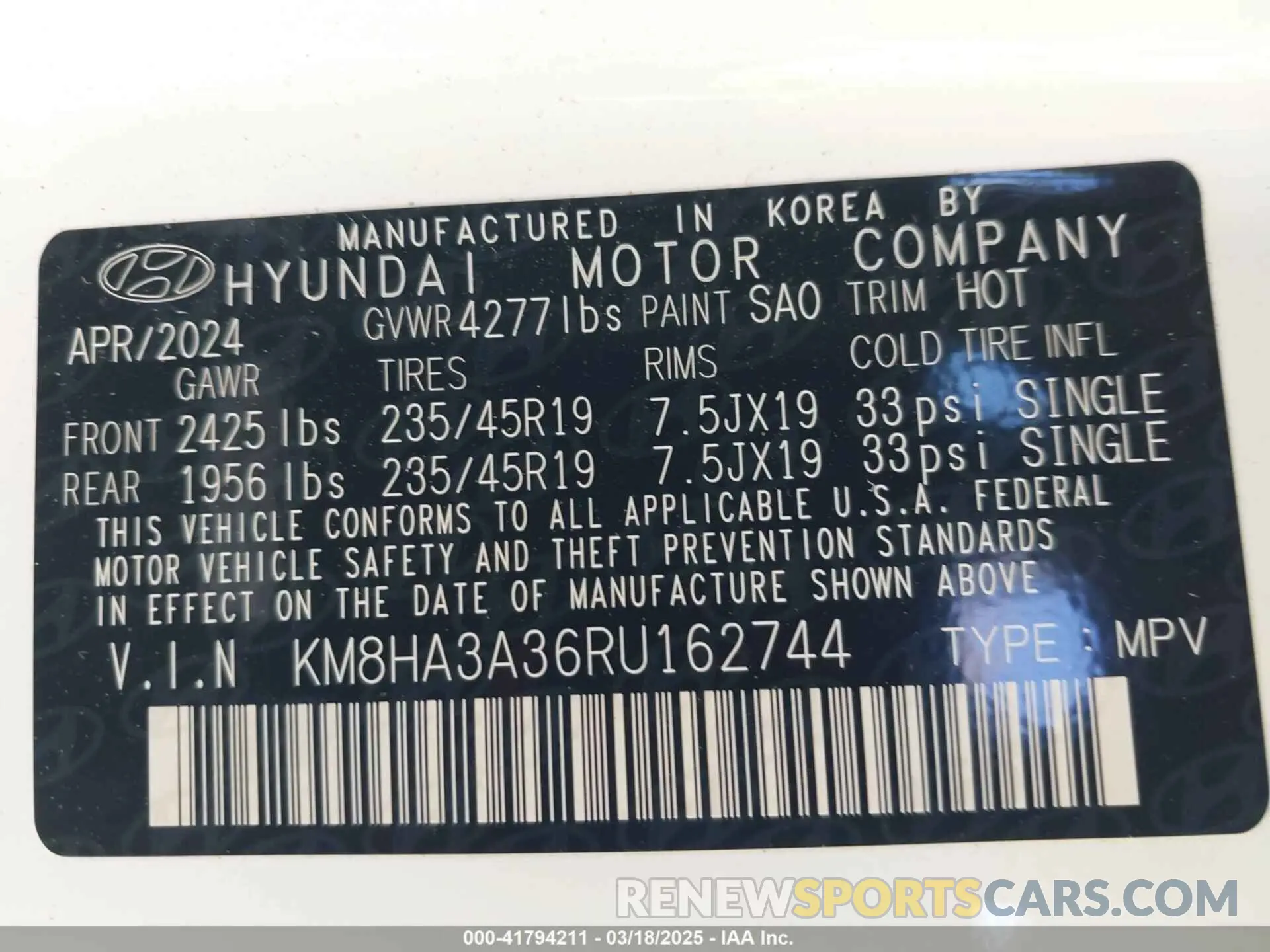 9 Photograph of a damaged car KM8HA3A36RU162744 HYUNDAI KONA 2024