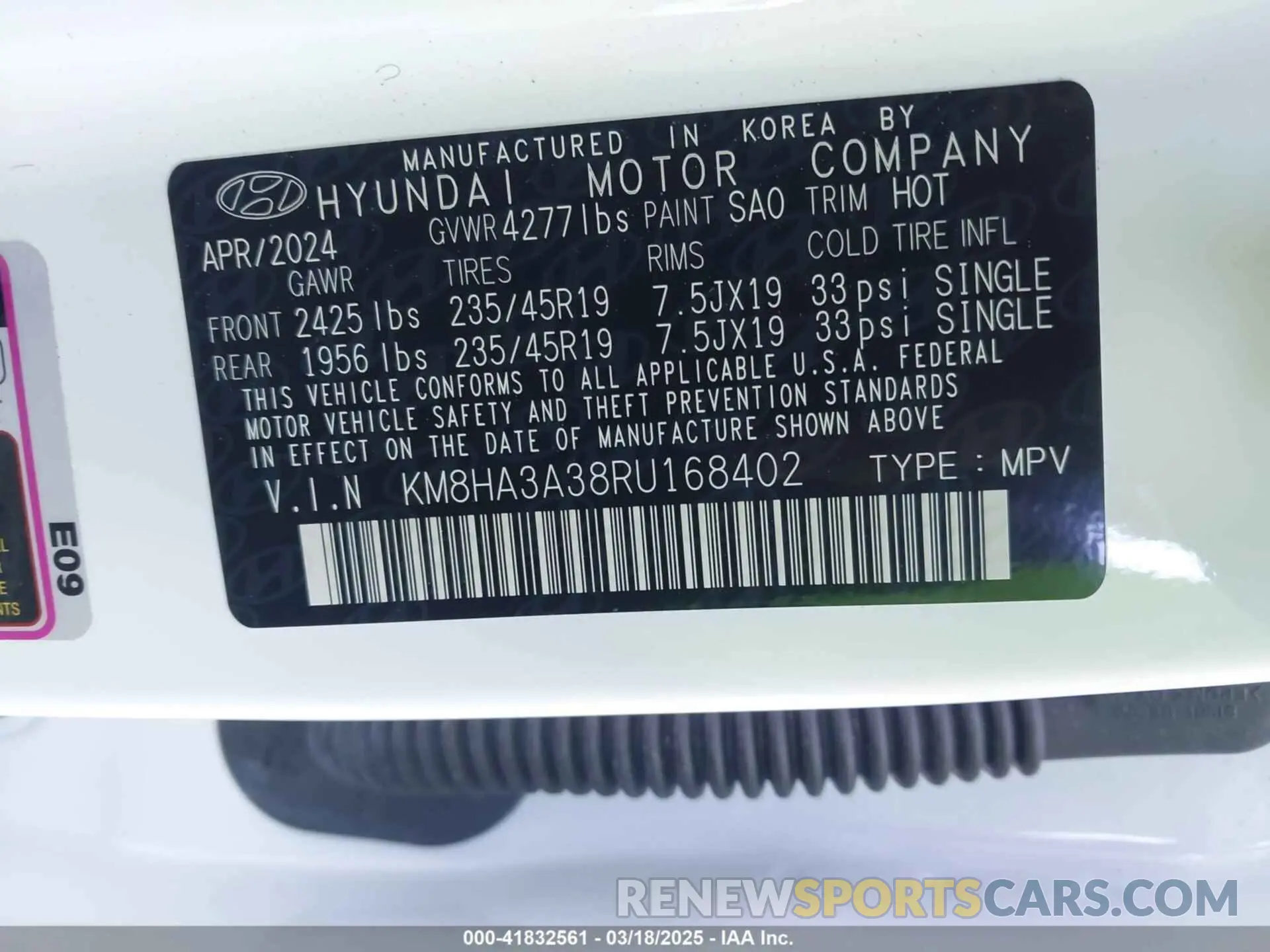 9 Photograph of a damaged car KM8HA3A38RU168402 HYUNDAI KONA 2024