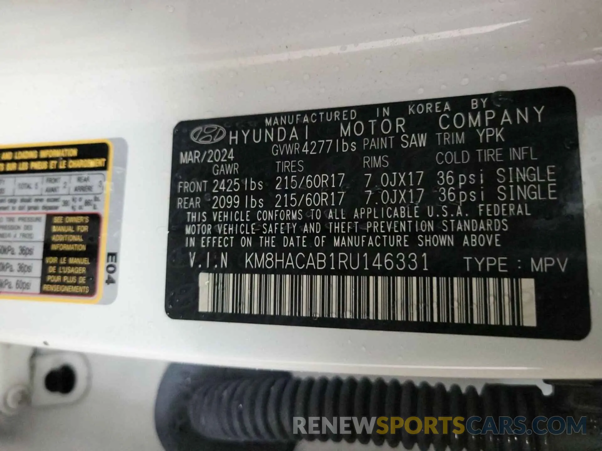 1 Photograph of a damaged car KM8HACAB1RU146331 HYUNDAI KONA 2024