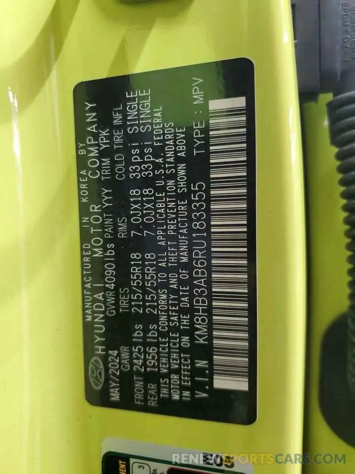 12 Photograph of a damaged car KM8HB3AB6RU183355 HYUNDAI KONA 2024