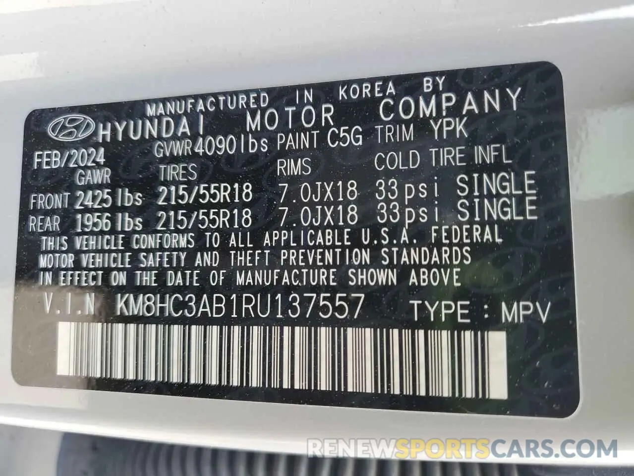 12 Photograph of a damaged car KM8HC3AB1RU137557 HYUNDAI KONA 2024