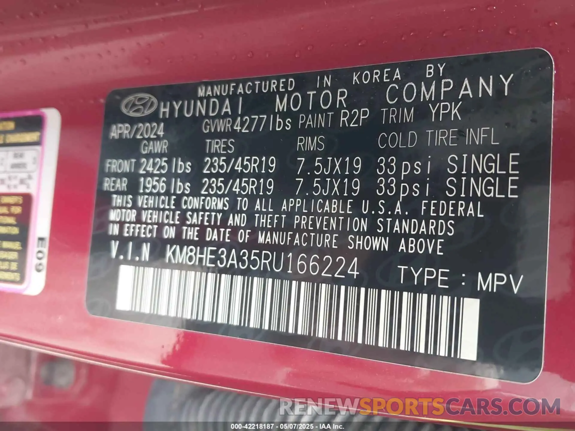 9 Photograph of a damaged car KM8HE3A35RU166224 HYUNDAI KONA 2024