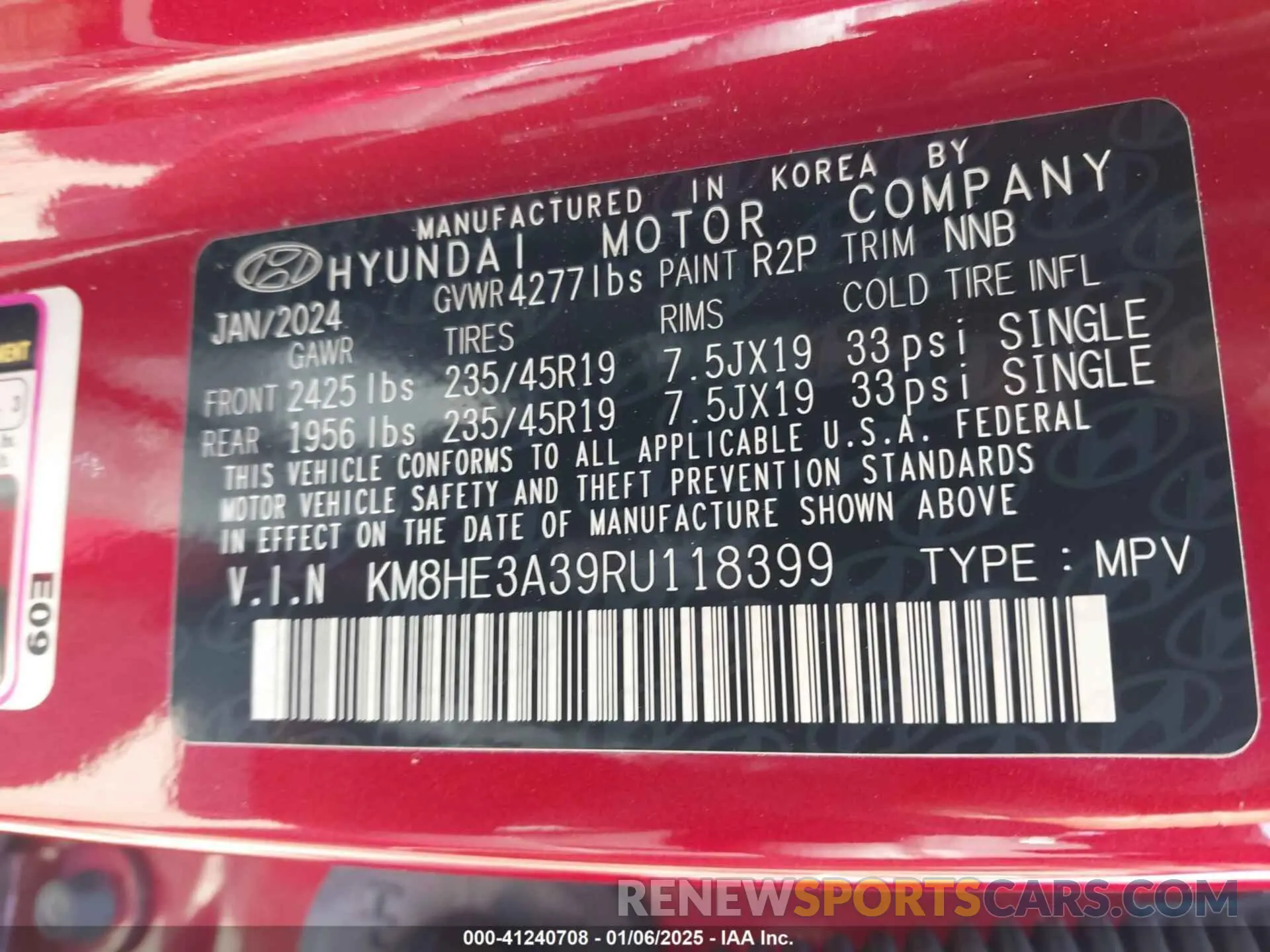 9 Photograph of a damaged car KM8HE3A39RU118399 HYUNDAI KONA 2024