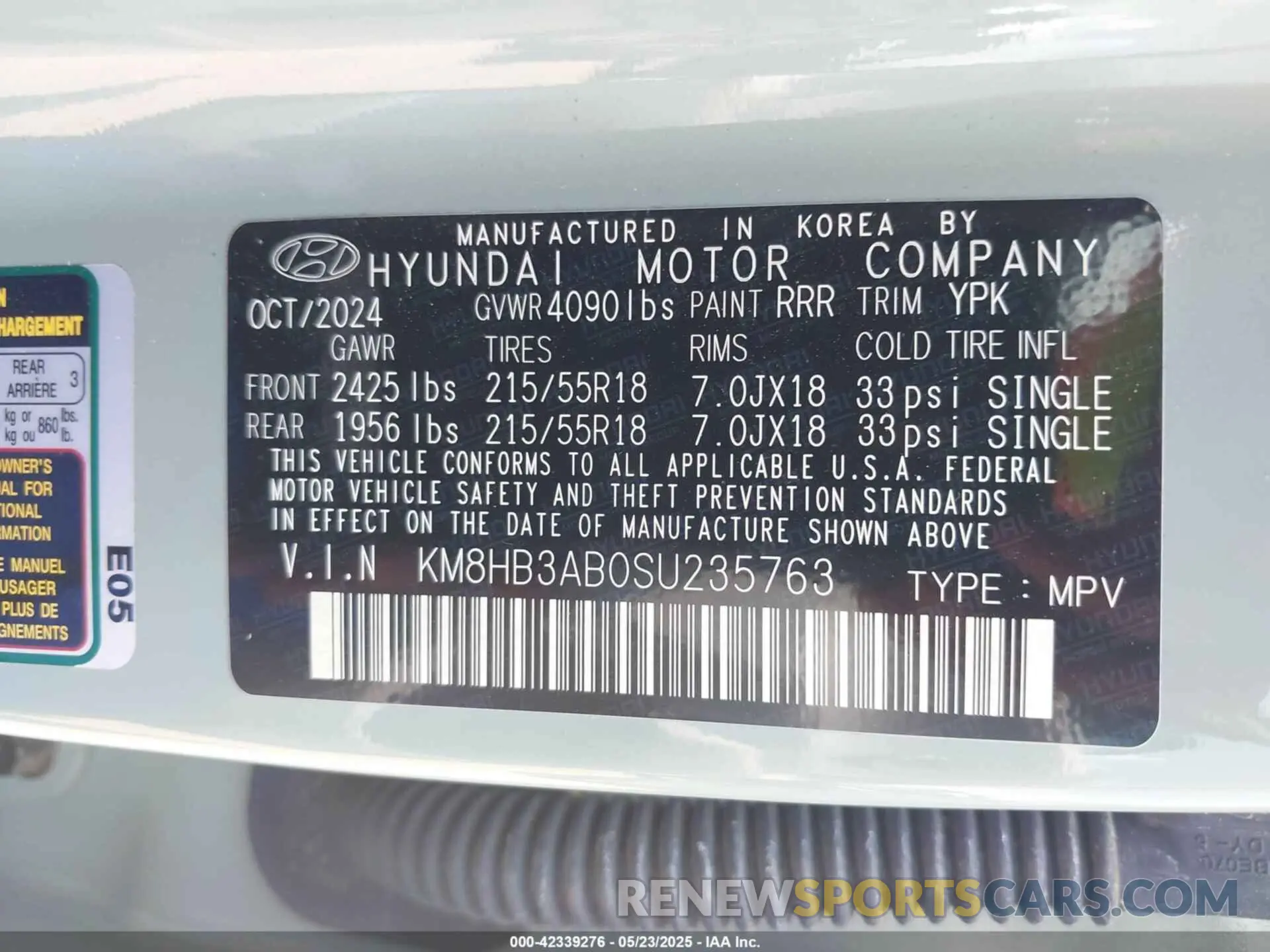 9 Photograph of a damaged car KM8HB3AB0SU235763 HYUNDAI KONA 2025