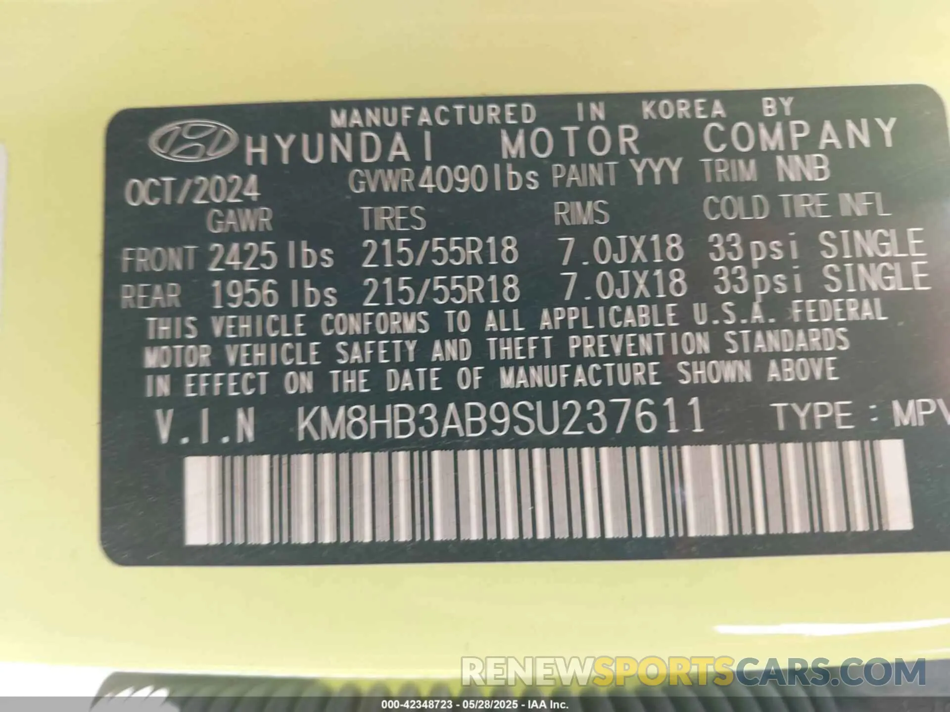 9 Photograph of a damaged car KM8HB3AB9SU237611 HYUNDAI KONA 2025