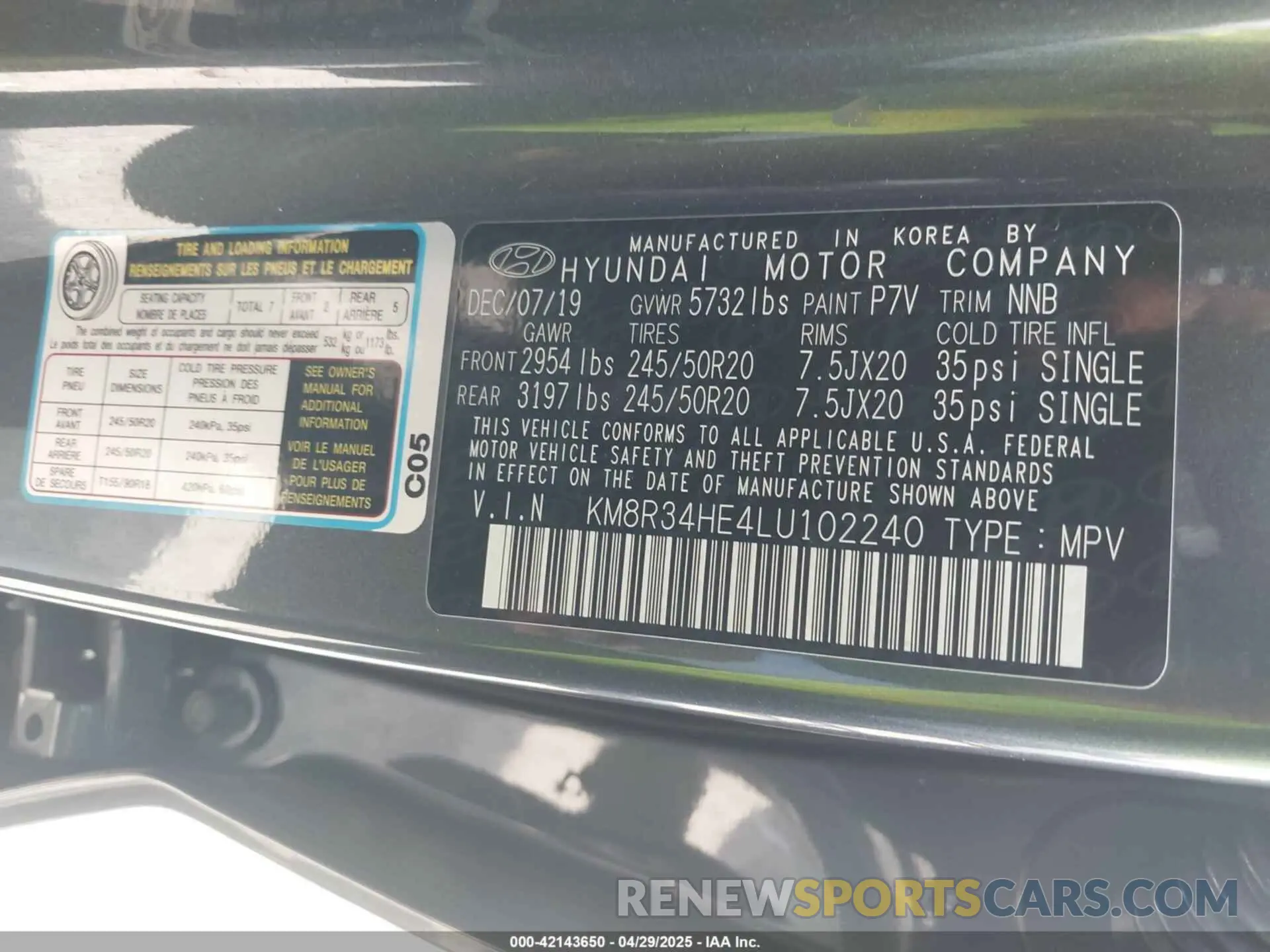 9 Photograph of a damaged car KM8R34HE4LU102240 HYUNDAI PALISADE 2020