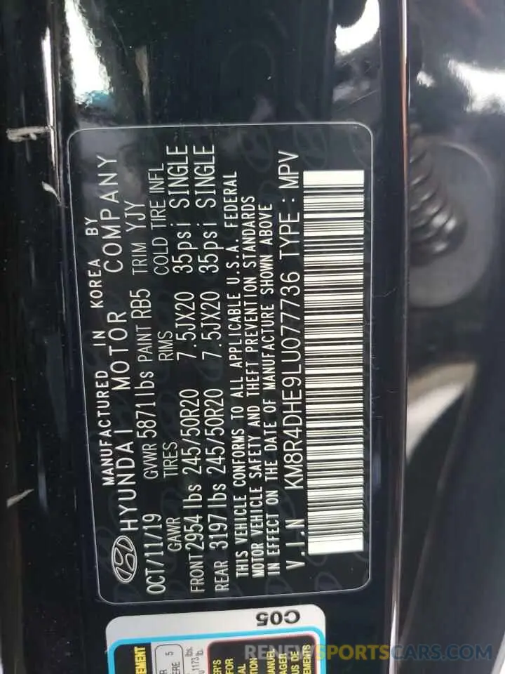 13 Photograph of a damaged car KM8R4DHE9LU077736 HYUNDAI PALISADE 2020