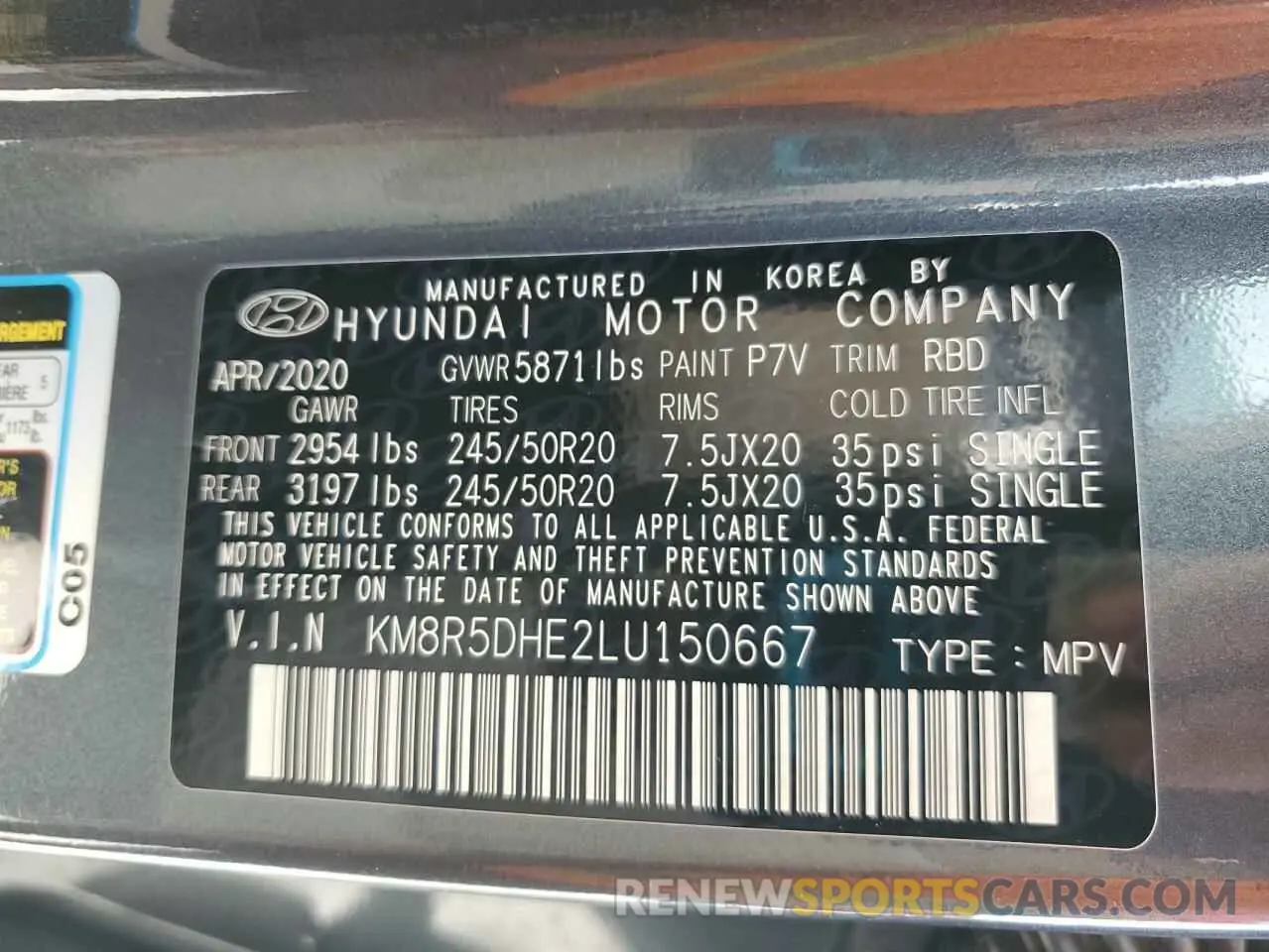 13 Photograph of a damaged car KM8R5DHE2LU150667 HYUNDAI PALISADE 2020