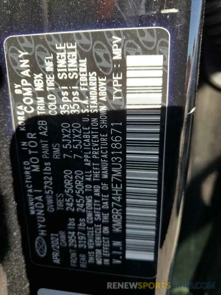 13 Photograph of a damaged car KM8R74HE7MU318671 HYUNDAI PALISADE 2021