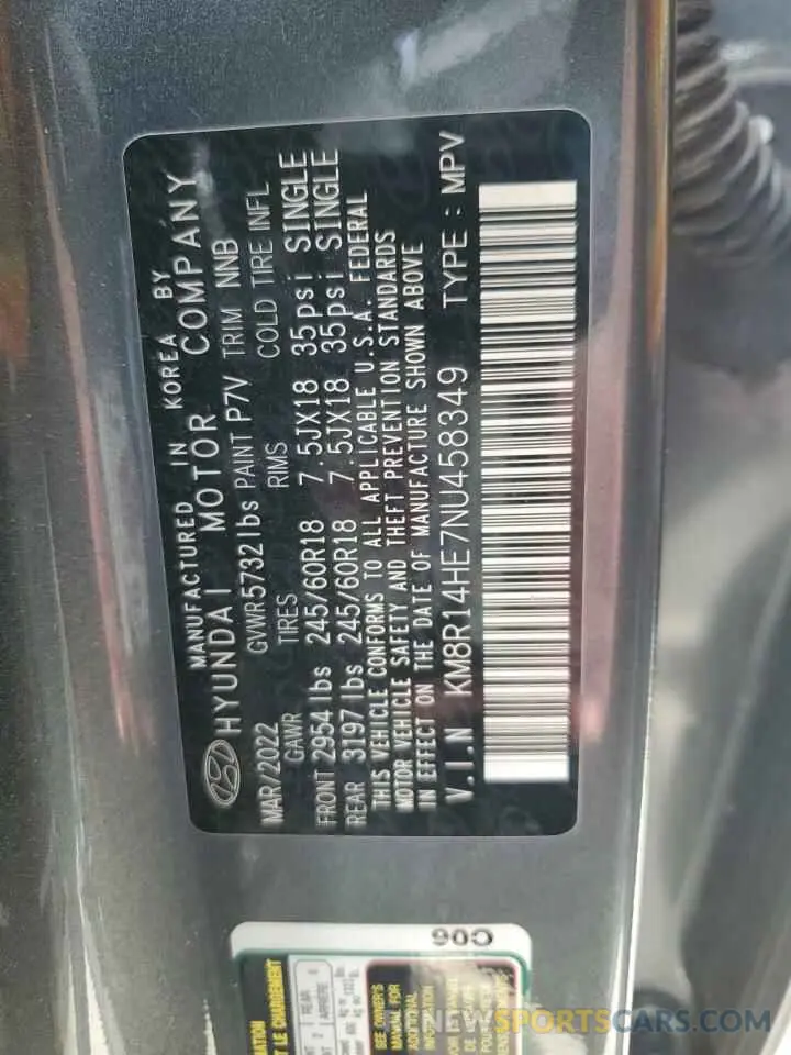14 Photograph of a damaged car KM8R14HE7NU458349 HYUNDAI PALISADE 2022