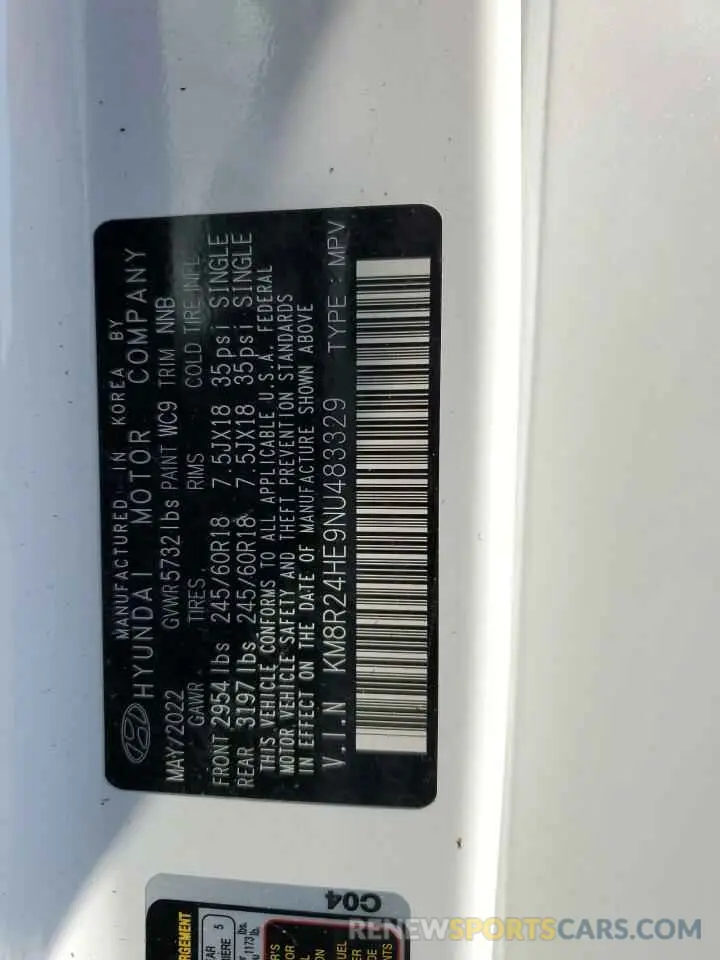 13 Photograph of a damaged car KM8R24HE9NU483329 HYUNDAI PALISADE 2022