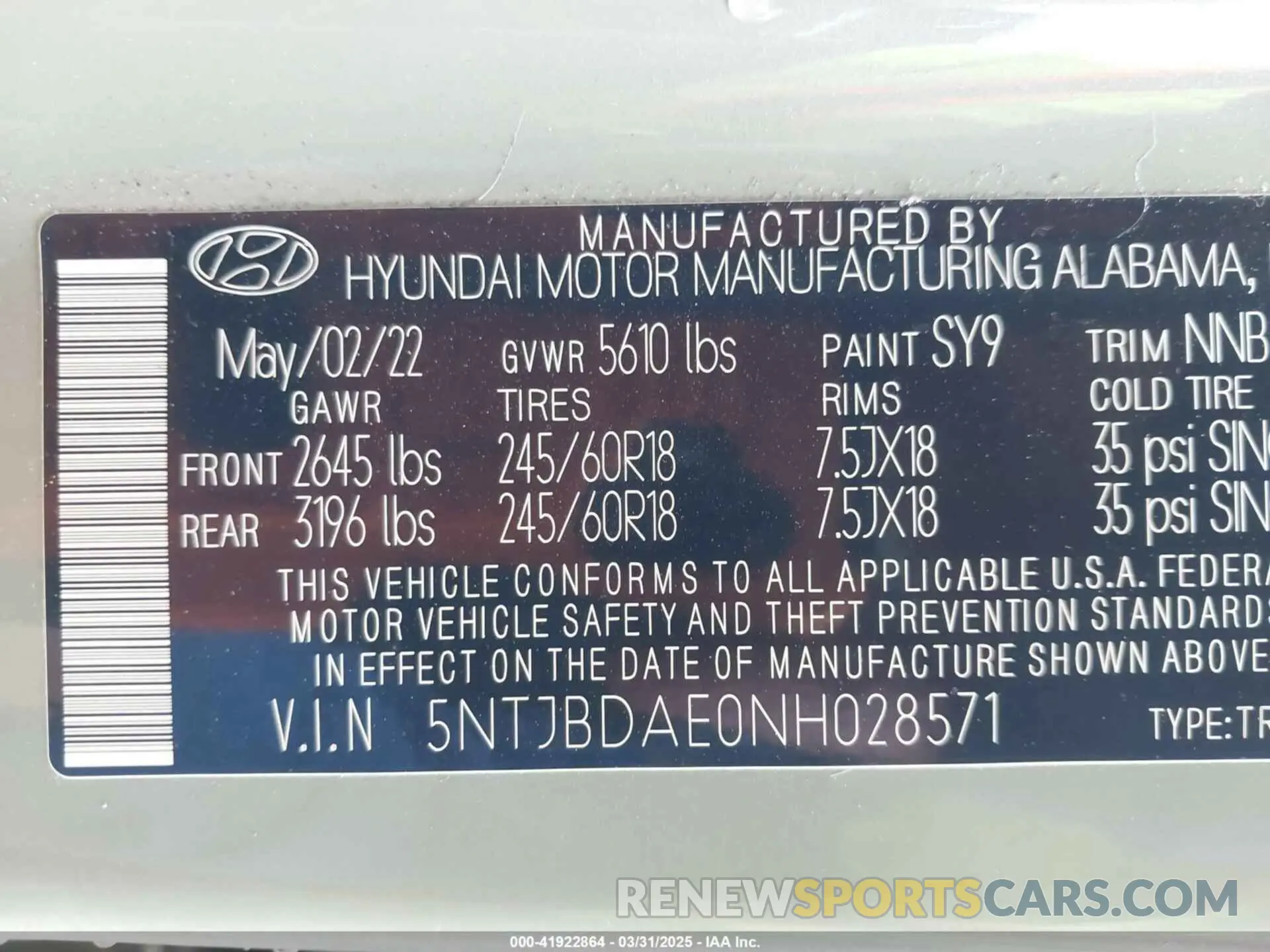 9 Photograph of a damaged car 5NTJBDAE0NH028571 HYUNDAI SANTA CRUZ 2022
