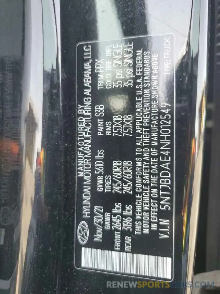 14 Photograph of a damaged car 5NTJBDAE4NH012549 HYUNDAI SANTA CRUZ 2022