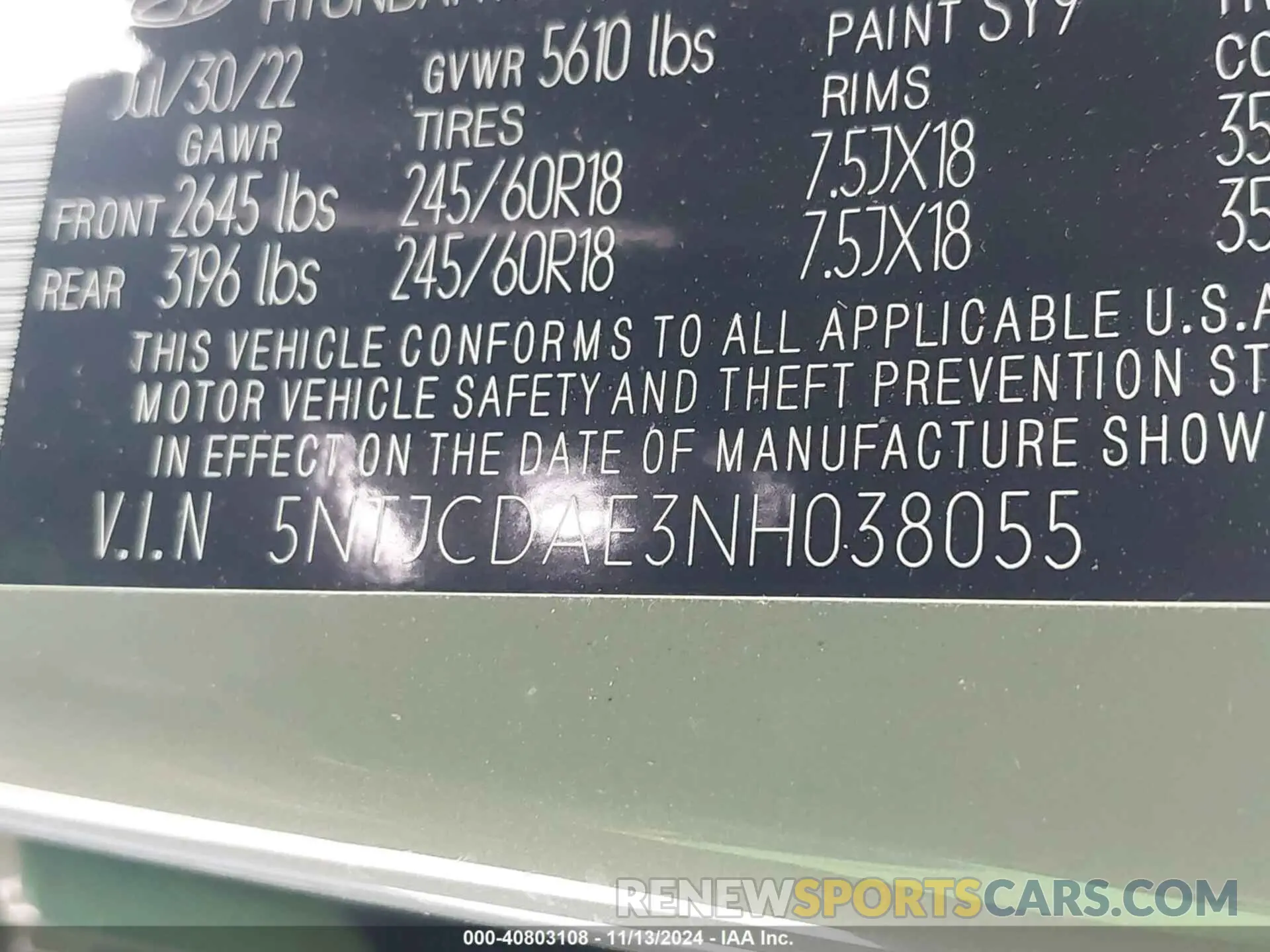 9 Photograph of a damaged car 5NTJCDAE3NH038055 HYUNDAI SANTA CRUZ 2022