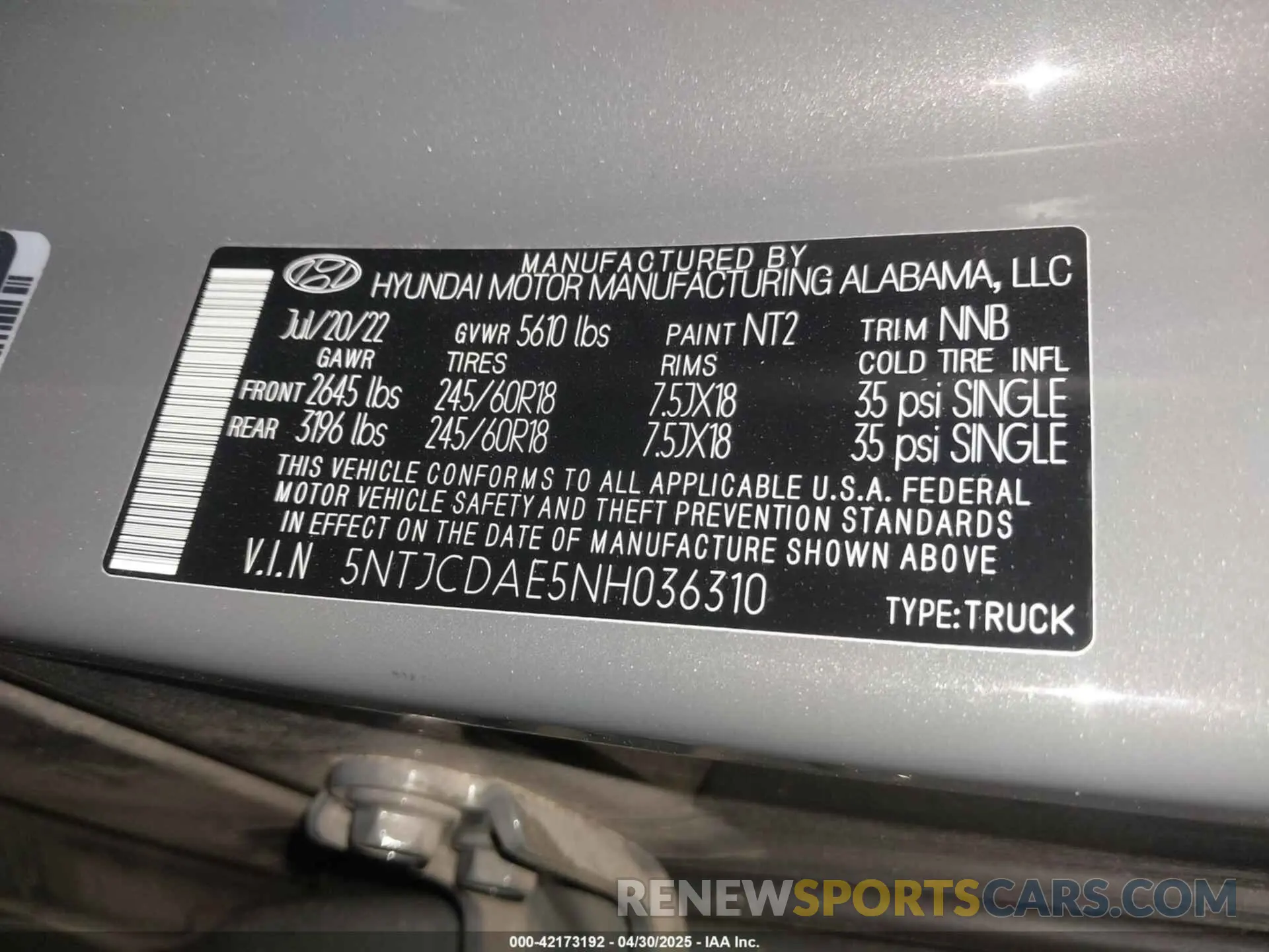 9 Photograph of a damaged car 5NTJCDAE5NH036310 HYUNDAI SANTA CRUZ 2022