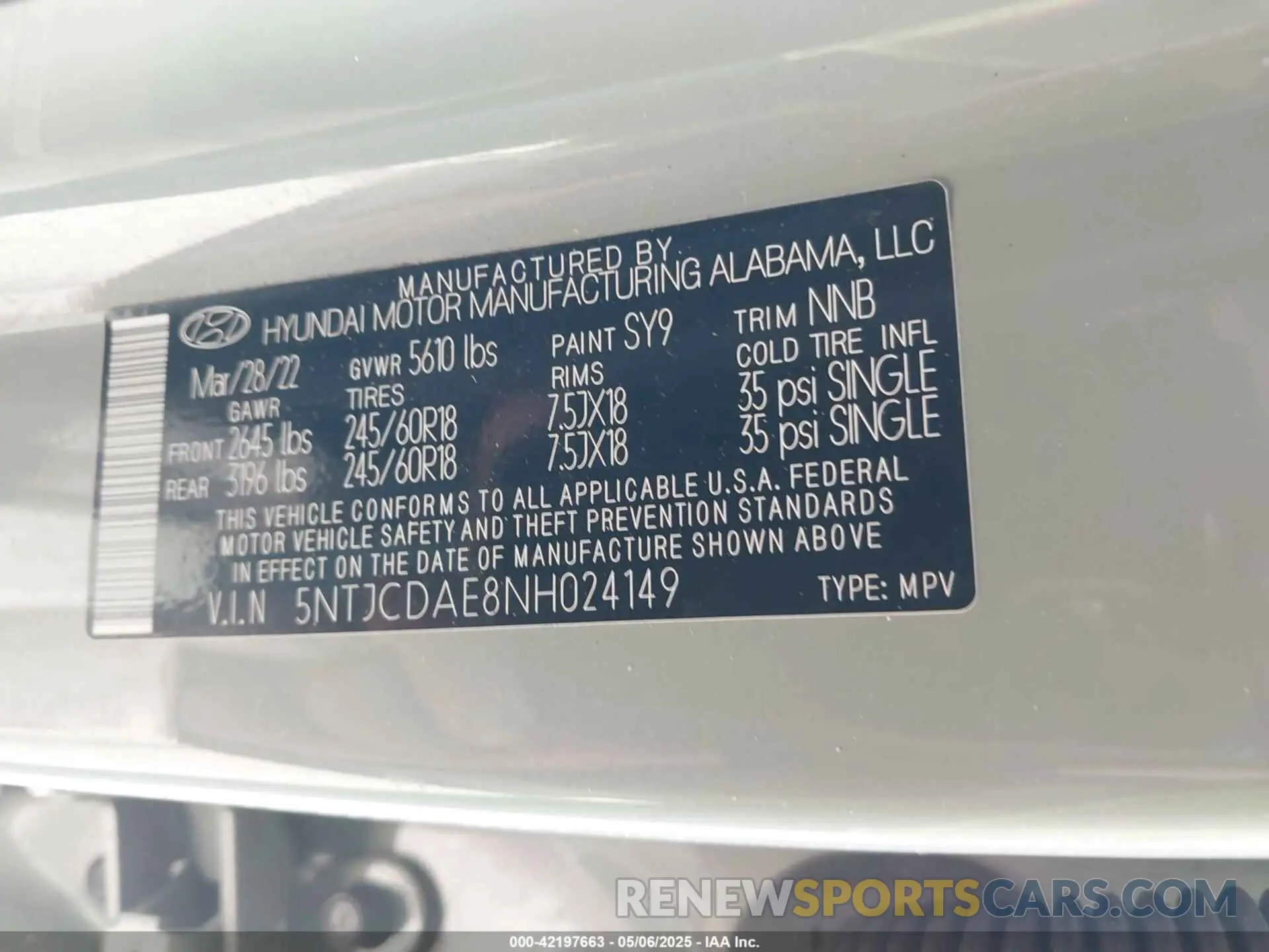 9 Photograph of a damaged car 5NTJCDAE8NH024149 HYUNDAI SANTA CRUZ 2022