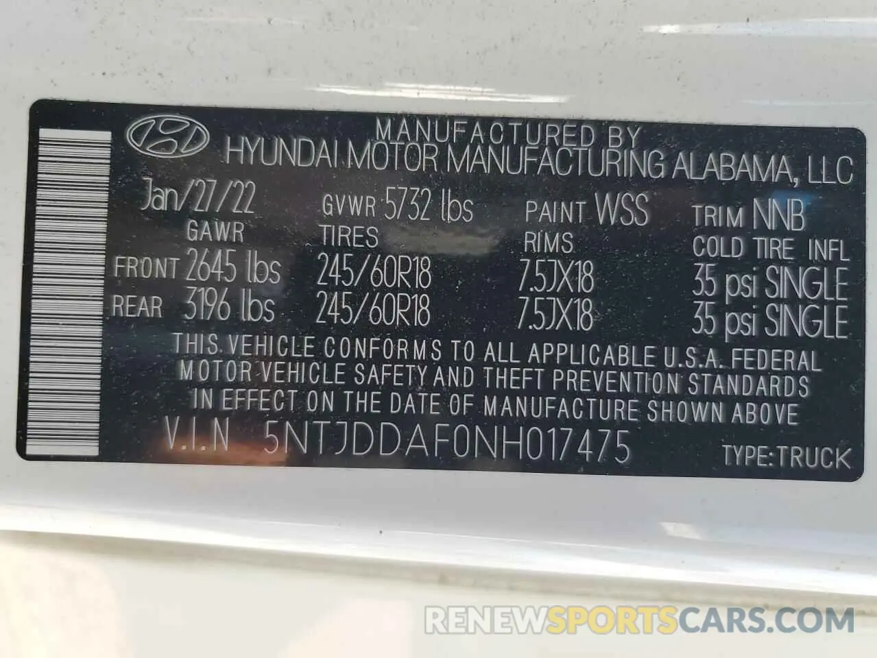 12 Photograph of a damaged car 5NTJDDAF0NH017475 HYUNDAI SANTA CRUZ 2022