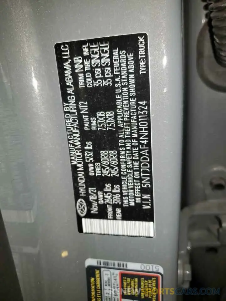 13 Photograph of a damaged car 5NTJDDAF4NH011324 HYUNDAI SANTA CRUZ 2022
