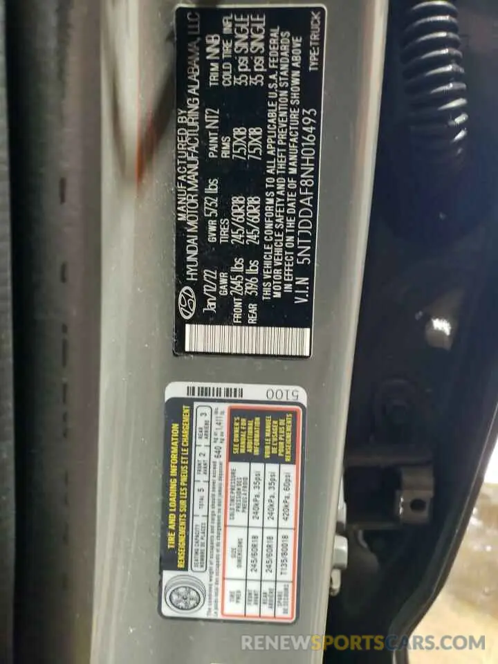 12 Photograph of a damaged car 5NTJDDAF8NH016493 HYUNDAI SANTA CRUZ 2022