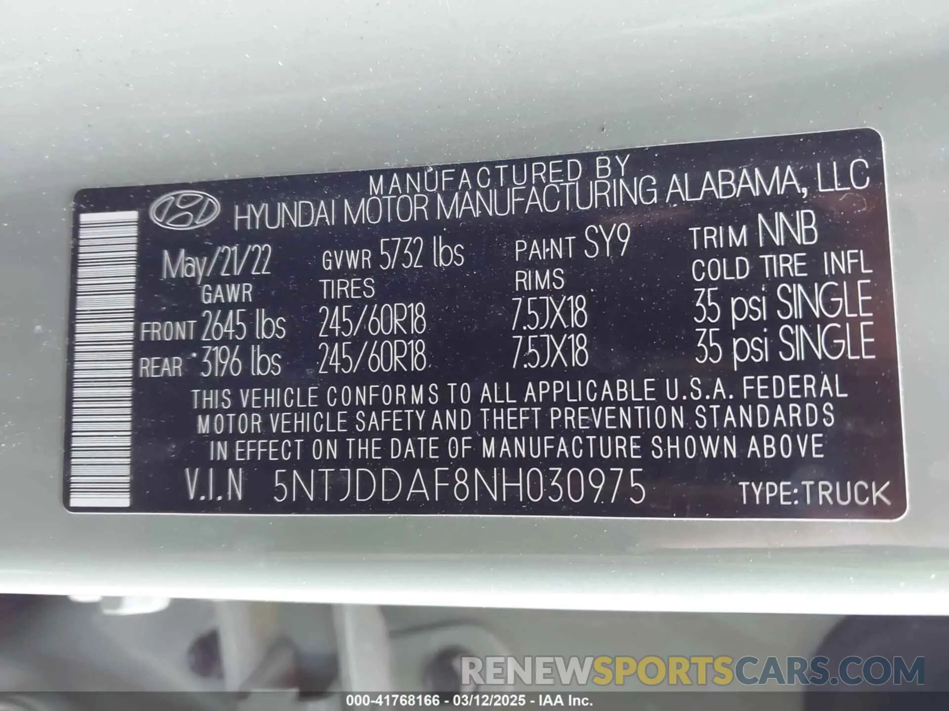 9 Photograph of a damaged car 5NTJDDAF8NH030975 HYUNDAI SANTA CRUZ 2022