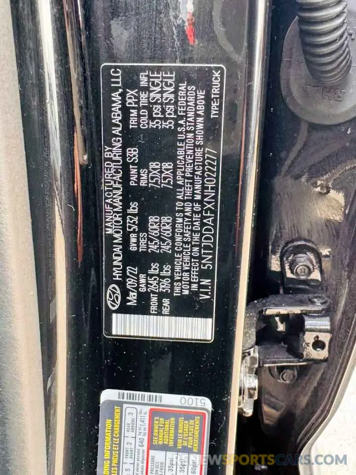 10 Photograph of a damaged car 5NTJDDAFXNH022277 HYUNDAI SANTA CRUZ 2022