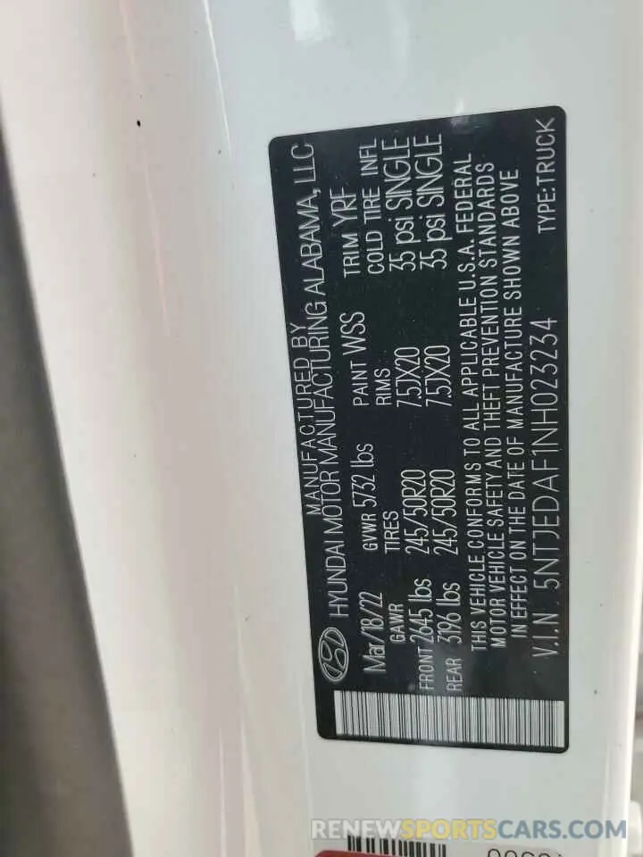 12 Photograph of a damaged car 5NTJEDAF1NH023234 HYUNDAI SANTA CRUZ 2022