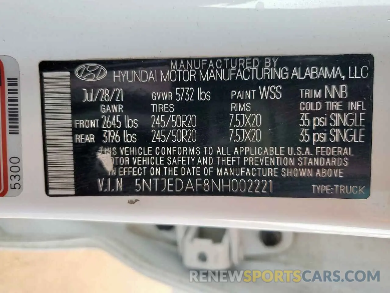 12 Photograph of a damaged car 5NTJEDAF8NH002221 HYUNDAI SANTA CRUZ 2022