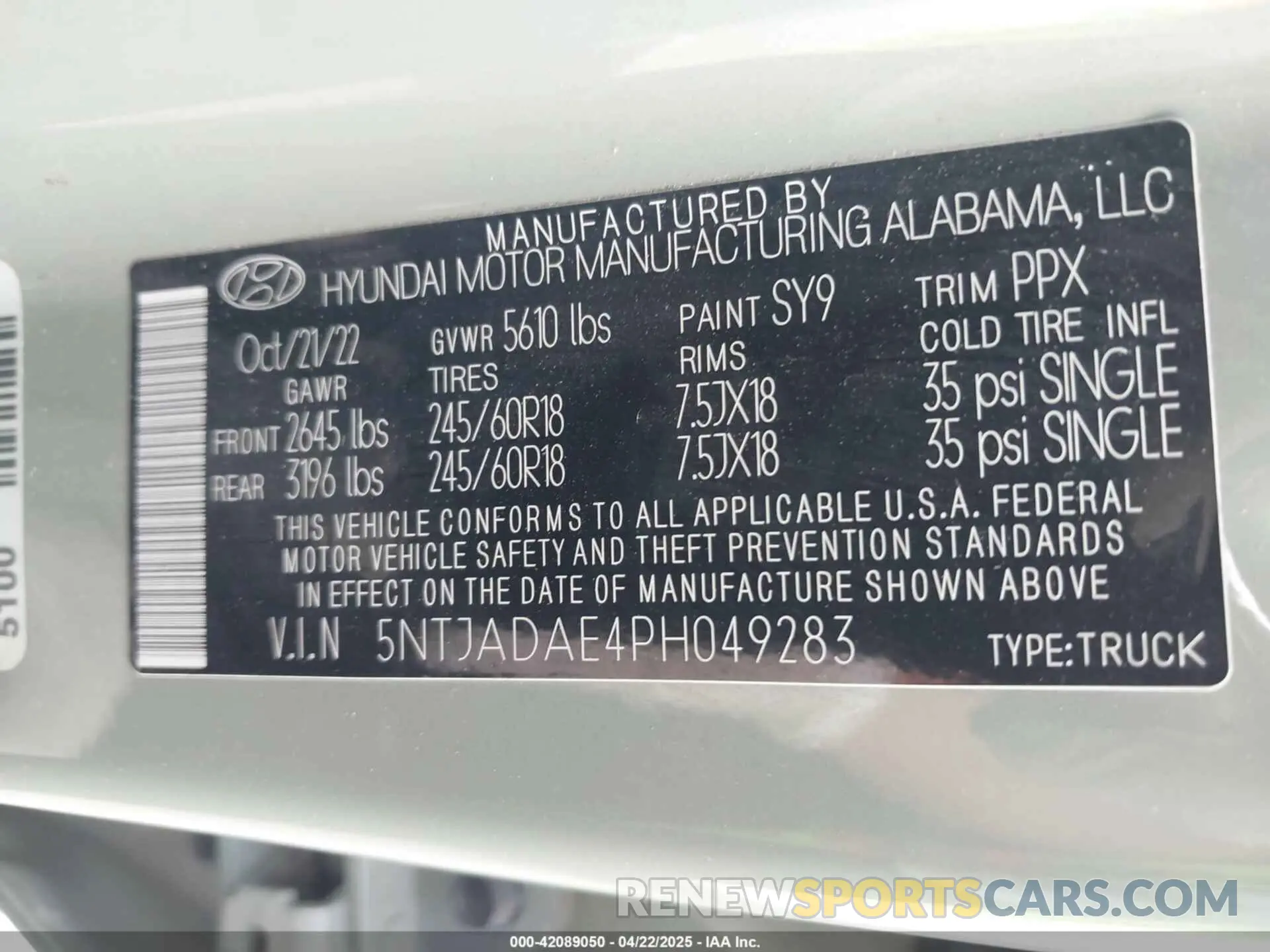 9 Photograph of a damaged car 5NTJADAE4PH049283 HYUNDAI SANTA CRUZ 2023