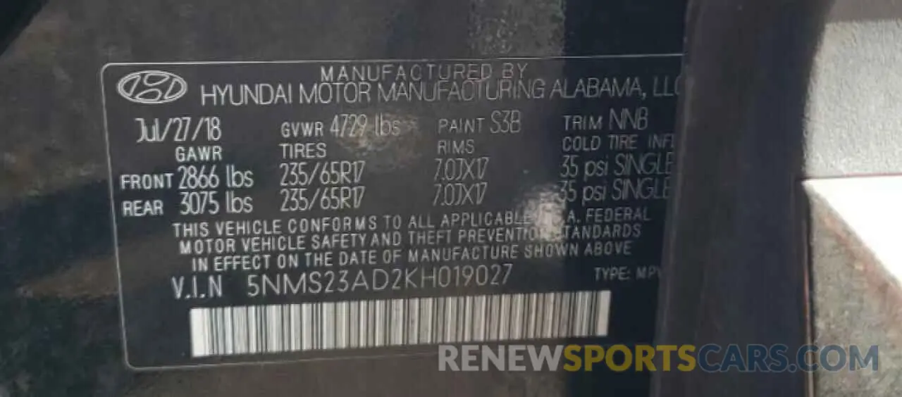 13 Photograph of a damaged car 5NMS23AD2KH019027 HYUNDAI SANTA FE 2019