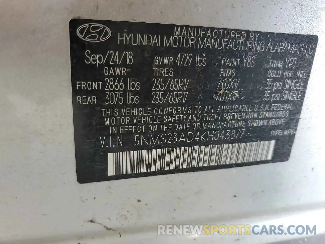 12 Photograph of a damaged car 5NMS23AD4KH043877 HYUNDAI SANTA FE 2019