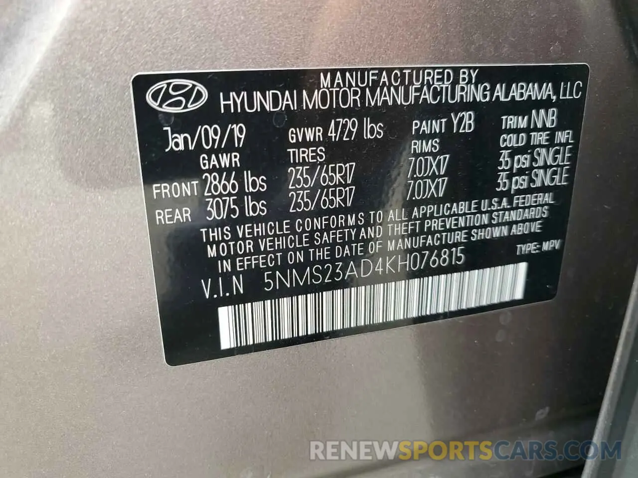 13 Photograph of a damaged car 5NMS23AD4KH076815 HYUNDAI SANTA FE 2019